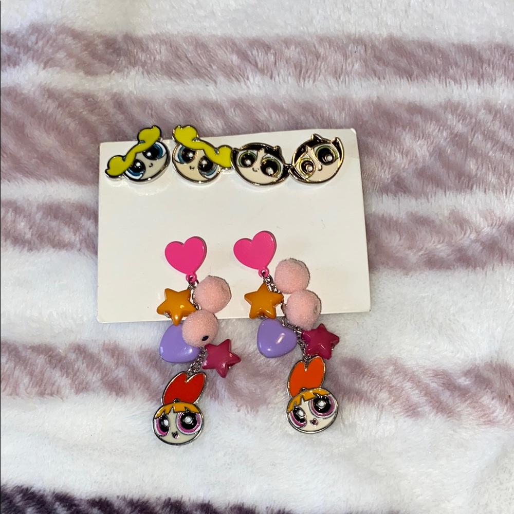 Cute PowerPuff Girls Heart Earrings Set